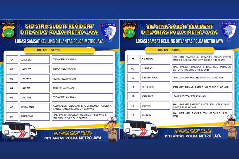 Lokasi dan jam layanan Samsat Keliling hari Sabtu.